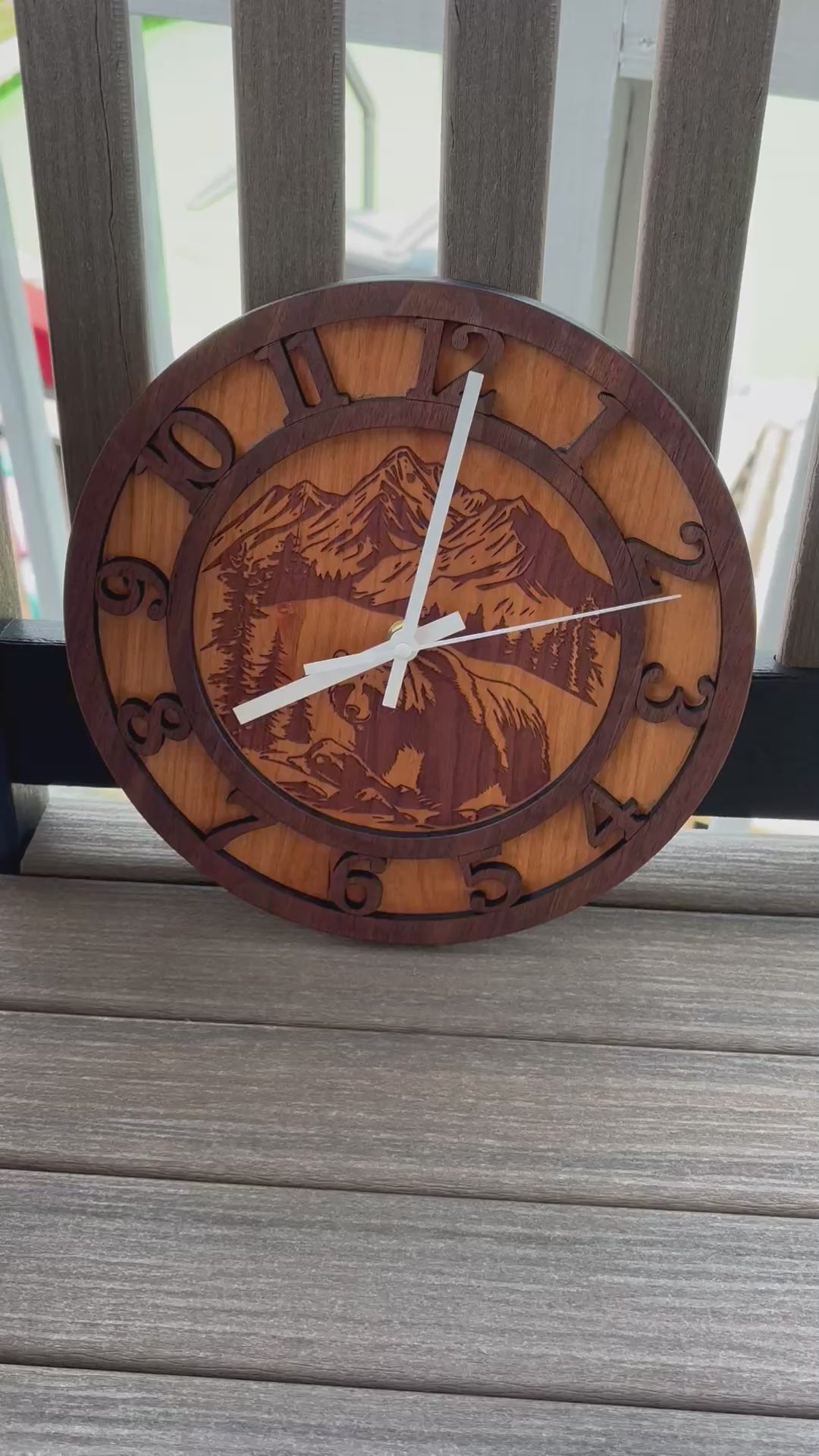Wood clock with bear scene